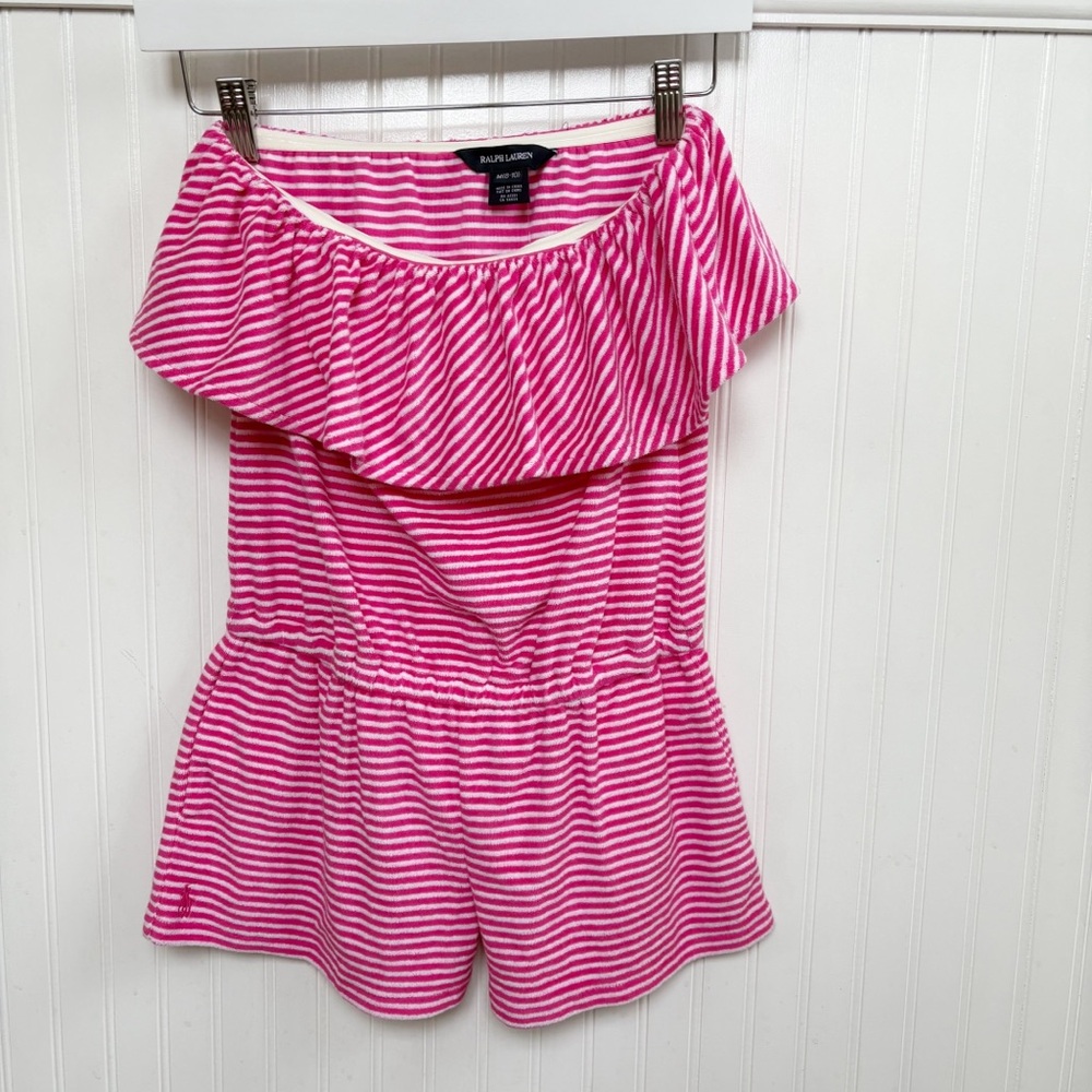 Ralph Lauren Pink & White Stripe Strapless Terry Cloth Romper Big Girls 8/10 NEW